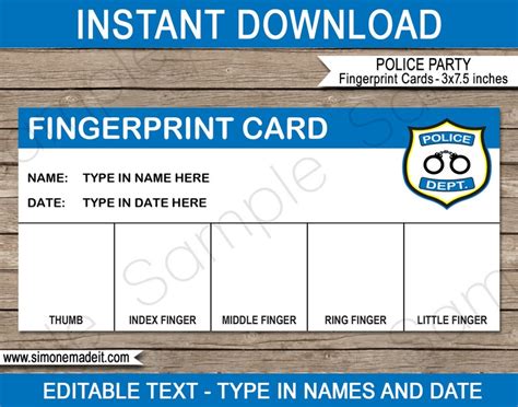 Police Party Fingerprint Cards Printable Template INSTANT | Etsy