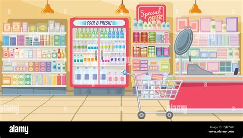 Supermercado Con Estanterías De Alimentos Ilustración Vectorial Tienda