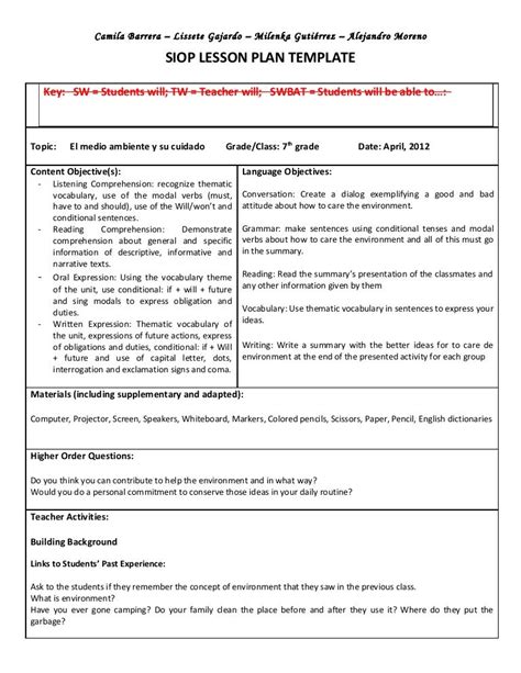 Siop Lesson Plan Math