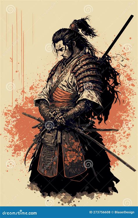 Japanese Samurai Warrior Mighty Ninja With Swords Stock Vector