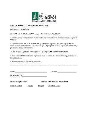 Fillable Online Uvm Potential Graduate Form October Graduation Uvm