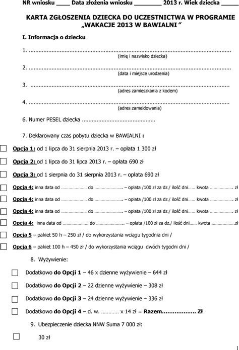 KARTA ZGŁOSZENIA DZIECKA DO UCZESTNICTWA W PROGRAMIE WAKACJE 2013 W
