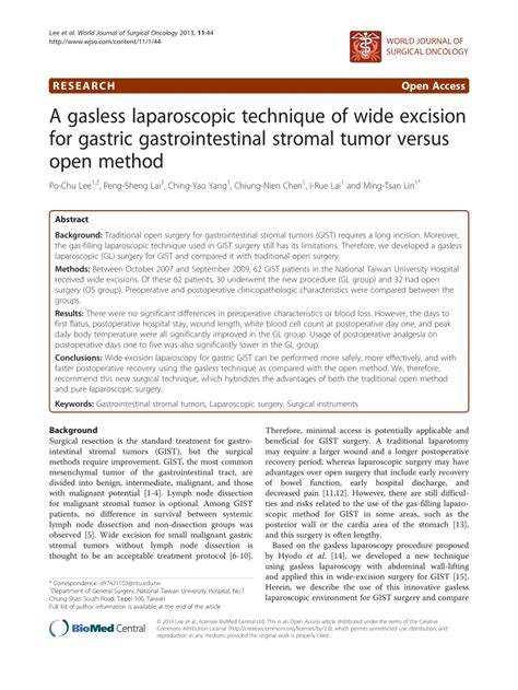 Pdf A Gasless Laparoscopic Technique Of Wide Excision For Gastric Gastrointestinal Stromal