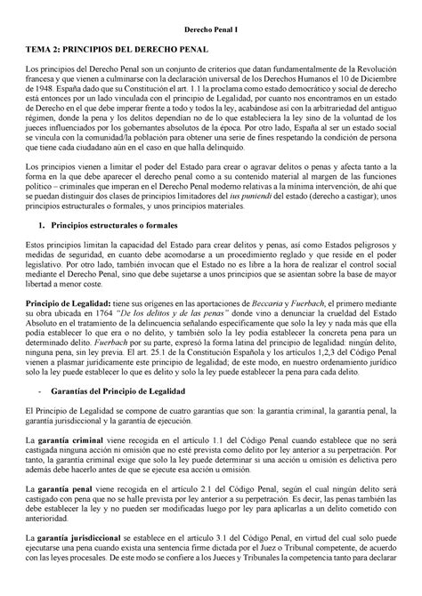 Tema 2 Apuntes 2 Derecho Penal I Tema 2 Principios Del Derecho Penal Los Principios Del