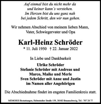 Traueranzeigen von Karl Heinz Schröder trauer38 de