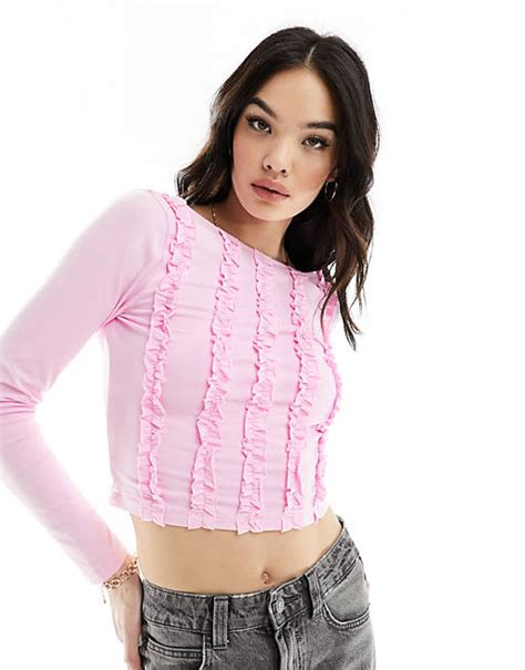 Asos Design Slash Neck Ruffle Top In Pink Asos