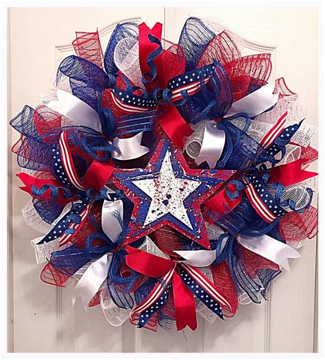 Patriotic Deco Mesh Wreath Labor Day Wreath Red White And Blue Deco