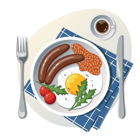 English Breakfast A Plate Of Scrambled Eggs Sausages Tomatoes Cup