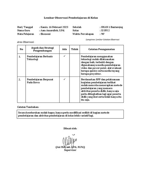 2 Lembar Observasi Pembelajaran Di Kelas Pdf