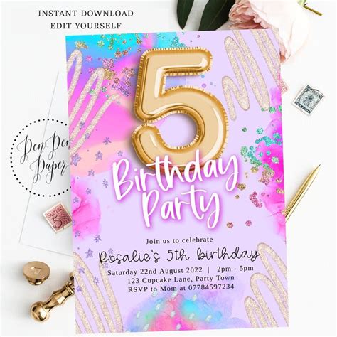 Editable 5th Birthday Party Invite Helium Balloon Pink Sparkle Rainbow Glitter Holographic