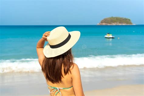 Happy Traveler Asian Woman In Bikini Enjoys At Tropical Beach On Vacation Summer On Beach