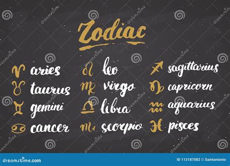 Zodiac Signs Set And Letterings Hand Drawn Horoscope Astrology Symbols