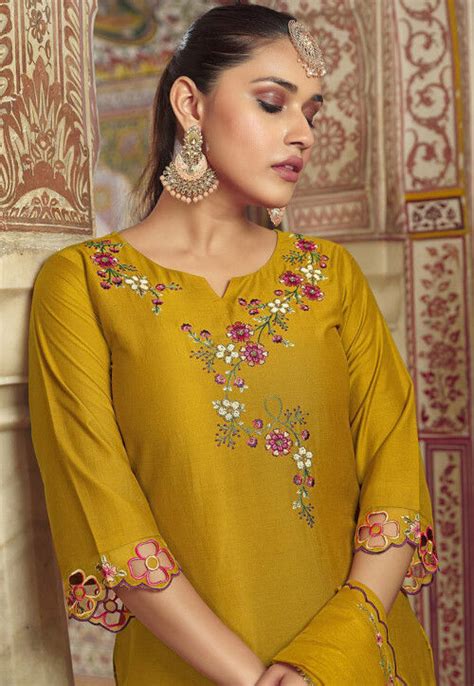 Buy Embroidered Art Silk Pakistani Suit In Mustard Online Kvg