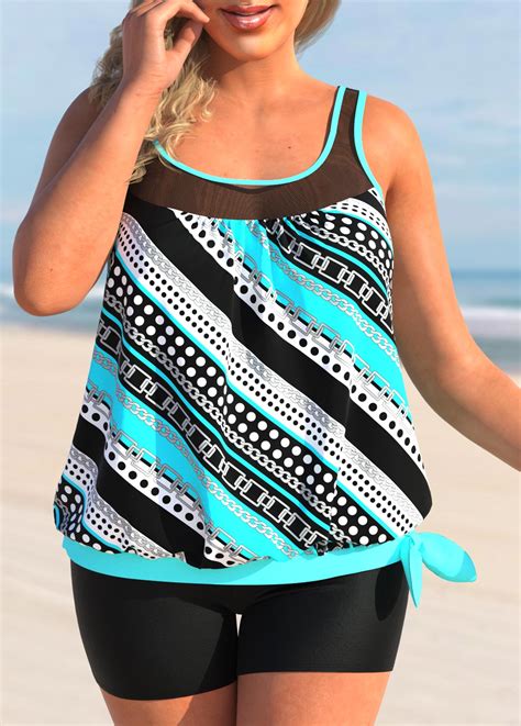 Polka Dot Plus Size Cyan Blouson Tankini Top Usd 2998