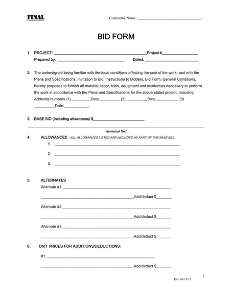 Fillable Bid Form Printable Forms Free Online