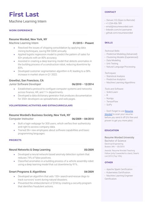 Machine Learning Intern Resume Examples For 2025 Resume Worded