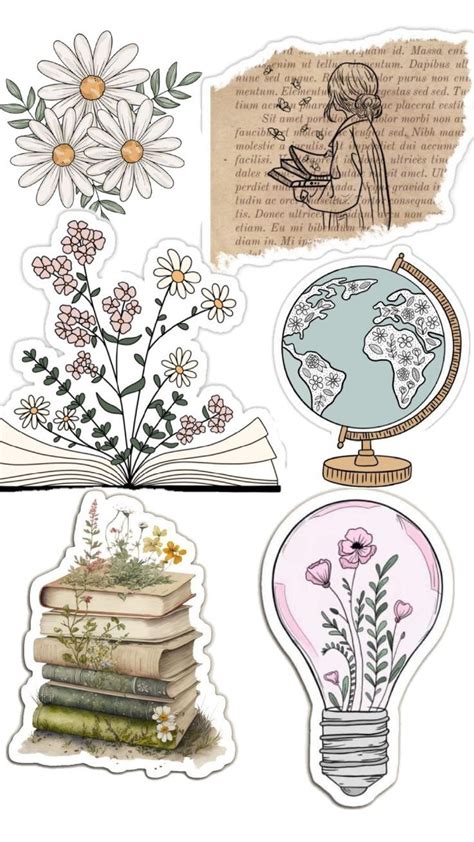 Various Stickers With Flowers Books And An Open Book On Top Of Each Other