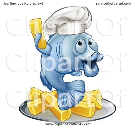 Clipart Of A Happy Blue Cod Fish Chef Holding Up A Fry Over Chips