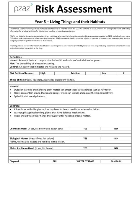 Living Things And Their Habitats Risk Assessments Science Year 5