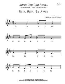 "Rain, Rain Go Away" by Music You Can Read | TPT