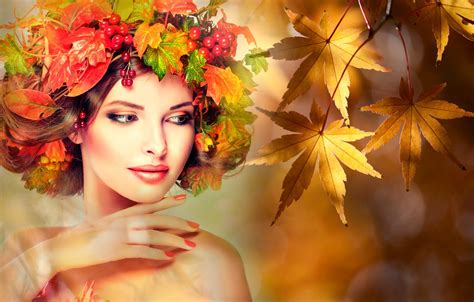 Wallpaper Autumn Leaves Girl Branches Glare Berries Creative