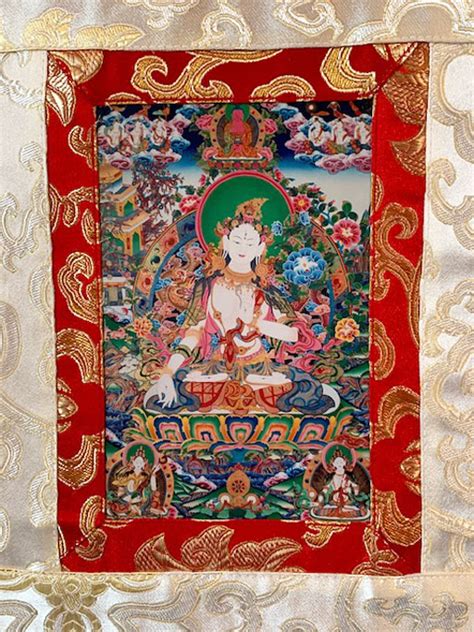 Stoff Thangka Weisse Tara Besch Tzerin Brokatrahmen Nepal