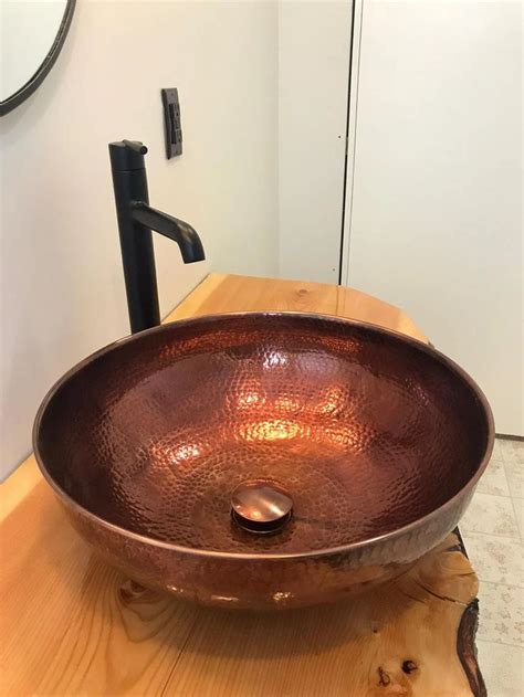 Round Hammered Copper Sink For Bathroom Farmhouse Etsy Hammered Copper Sink Copper Sink