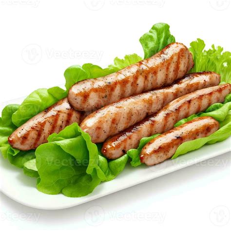 Grilled Pork Sausages With Lettuce Isolated On White Background AI