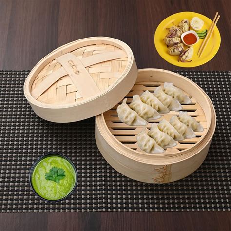 Thw Bamboo Basket Dimsum Vegetable Dumpling Momo Steamer Beige