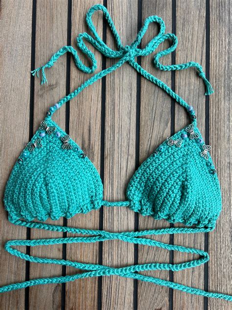 Turquoise Beaded Butterfly Crochet String Bikini Top Etsy