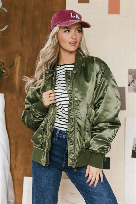 Rylee Satin Bomber Jacket In Green Böhme