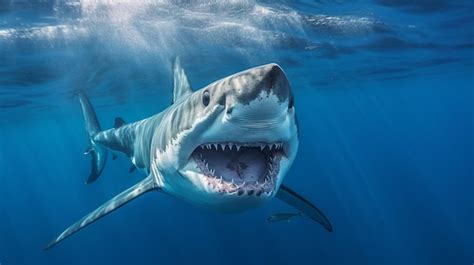 Grande Tubar O Branco Carcharodon Carcharias Em Guas Azuis Foto Premium