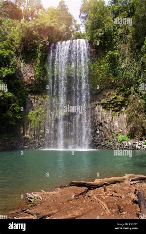 Water Cascading Over A Cliff At The Millaa Milla Waterfall In Tropical