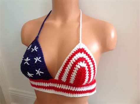 Patriotic American Flag Crochet Halter Top Bikini Crop Top