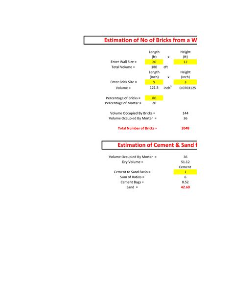 Solution Estimation Of Bricks Cement And Sand From A Wall Excel