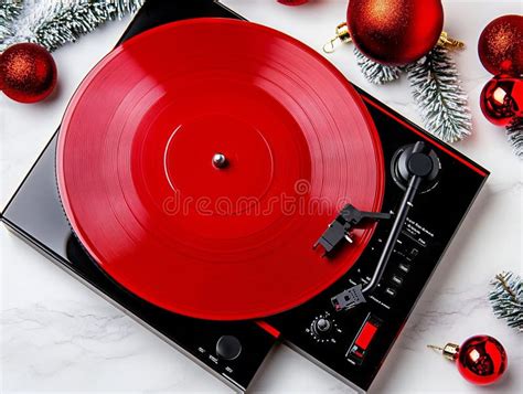 A Red Vinyl Record Player Sitting On Top Of A Table Stock Photo Image