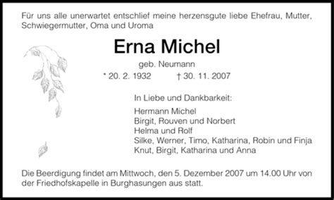 Traueranzeigen Von Erna Michel Trauer Hna De