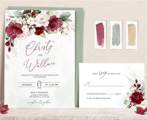 Burgundy Maroon Blush Pink Floral Invite Printable Or Printable Boho