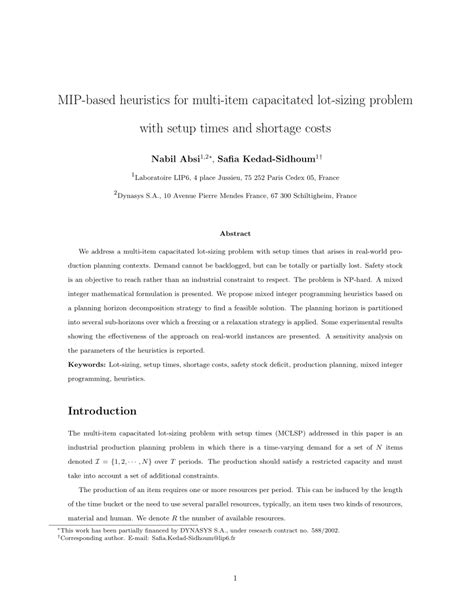 PDF MIP Based Heuristics For Multi Item Capacitated Lot Sizing