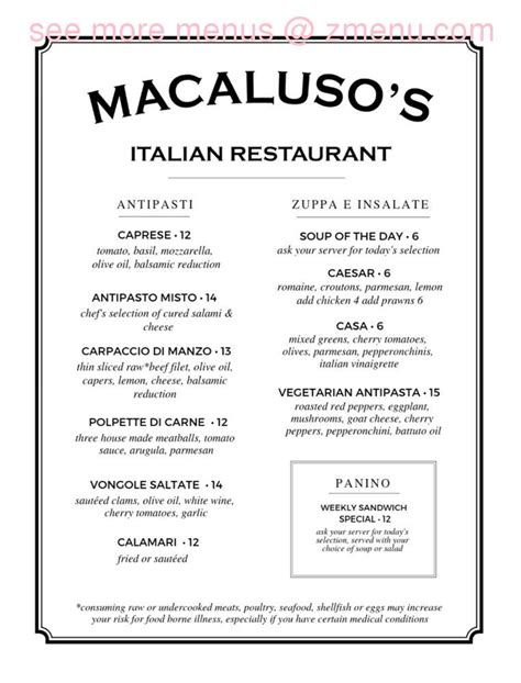 Menu At Macaluso S Italian Restaurant Ruston N Pearl St