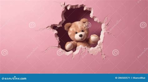 Cute Teddy Bear Peeking Out Of A Hole In Wall Torn Hole Empty Copy Space Frame Mockup