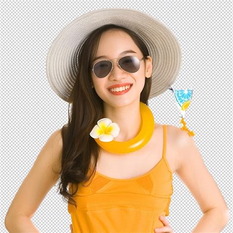 Premium Psd A Woman Wearing A Sun Hat With A Butterfly On Her Shoulder