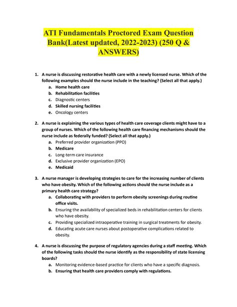 Solution Ati Fundamentals Proctored Exam Question Bank Latest Updated 2022 2023 250 Q Answers