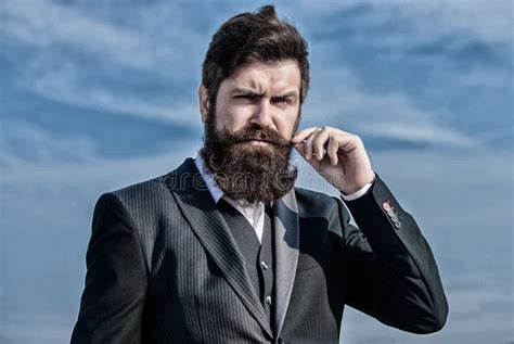 Businessman Against The Sky Bearded Man Brutal Caucasian Hipster With