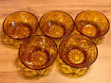 Mid Century Amber Depression Glass Bowl Set Of 5 Vintage Etsy