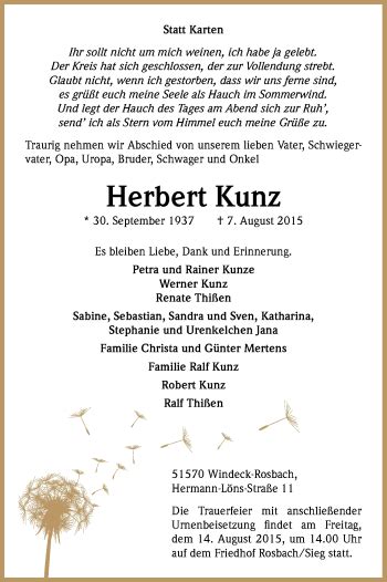 Traueranzeigen Von Herbert Kunz WirTrauern