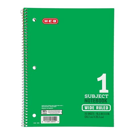 H E B 1 Subject Wide Ruled 70 Sheet Spiral Notebook Green Shop