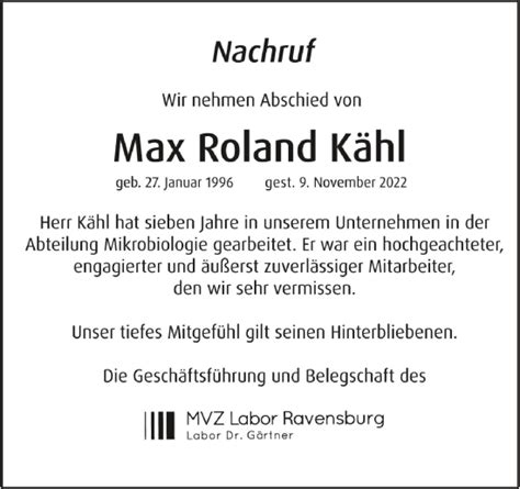 Traueranzeigen von Max Roland Kähl schwaebische de Trauerportal