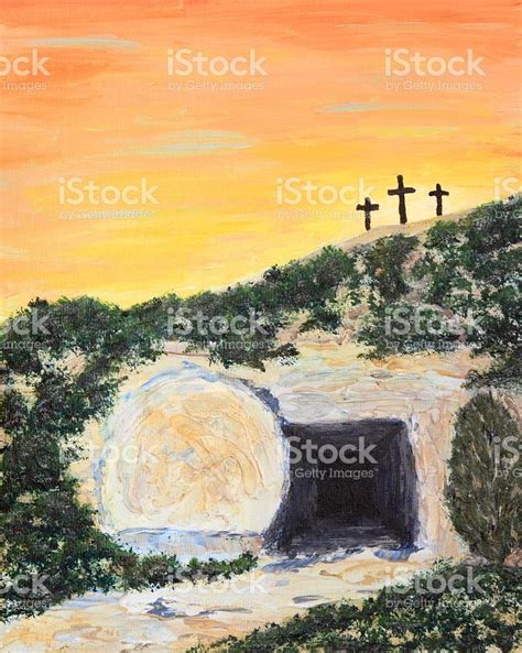 An Acrylic Painting Of Three Crosses And The Empty Tomb Of Jesus