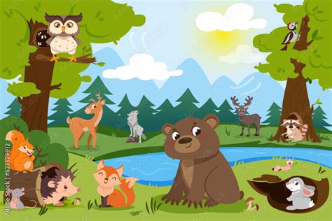 Cartoon Forest Animals In Wild Nature Natural Landscape With Lake